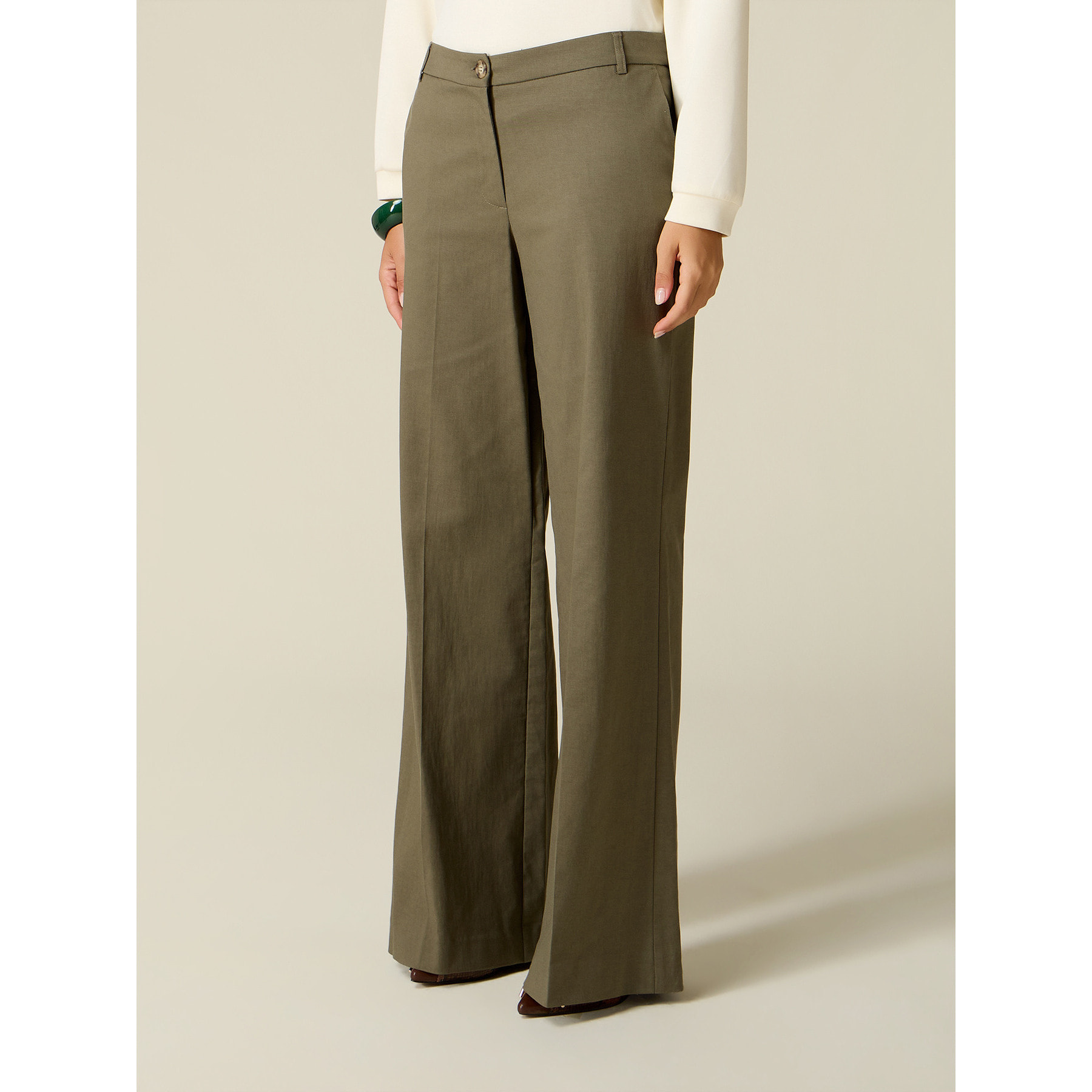 Oltre - Pantalones palazzo de sarga mezcla de algodón - Verde militare