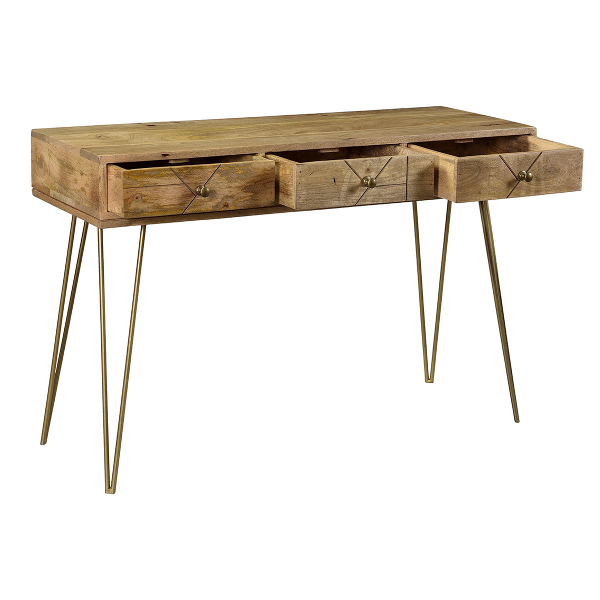Console avec rangements 3 tiroirs en bois manguier massif gravé et métal doré L120 cm LINIUM