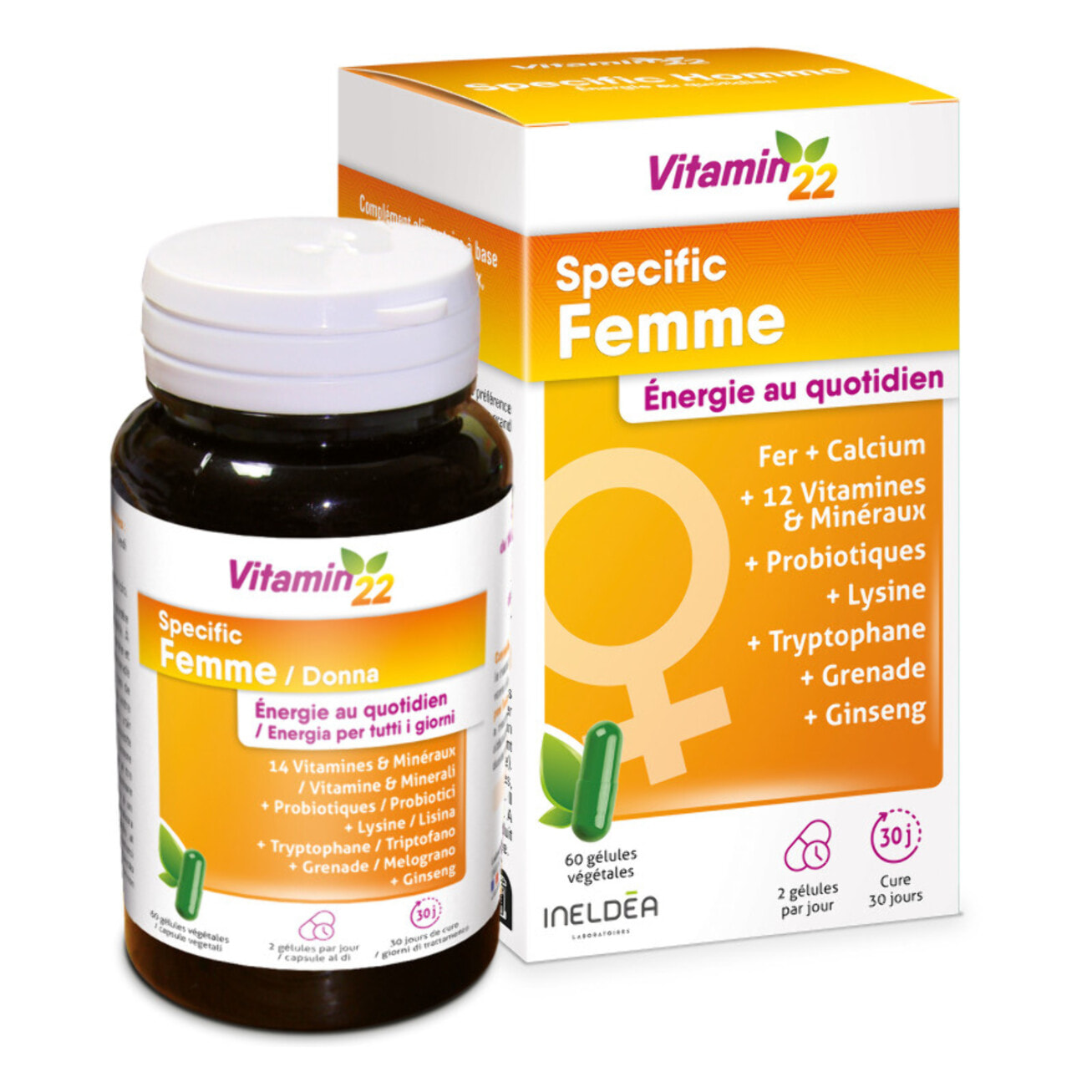 VITAMIN'22 - Programme Vitaminé - Formule spécifique Femme - Action fortifiante anti fatigue - Cure Flash 7 jours "coup de fouet" - 7 doses de 30ml + 60 gélules végétales