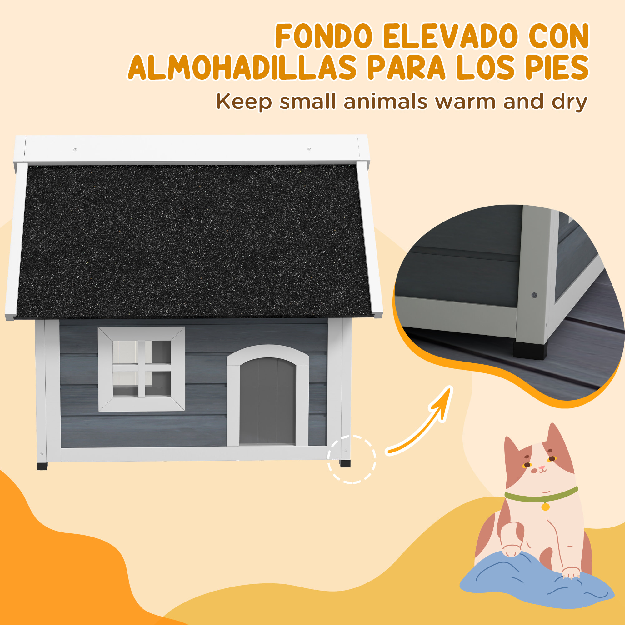 PawHut Casa para Gatos de Madera Caseta para Gatos con Techo Asfáltico Abatible Ventana y Puertas con Cortina Refugio para Mascotas para Exterior 77x57,5x68 cm Gris y Negro
