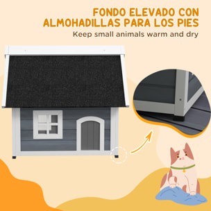 PawHut Casa para Gatos de Madera Caseta para Gatos con Techo Asfáltico Abatible Ventana y Puertas con Cortina Refugio para Mascotas para Exterior 77x57,5x68 cm Gris y Negro
