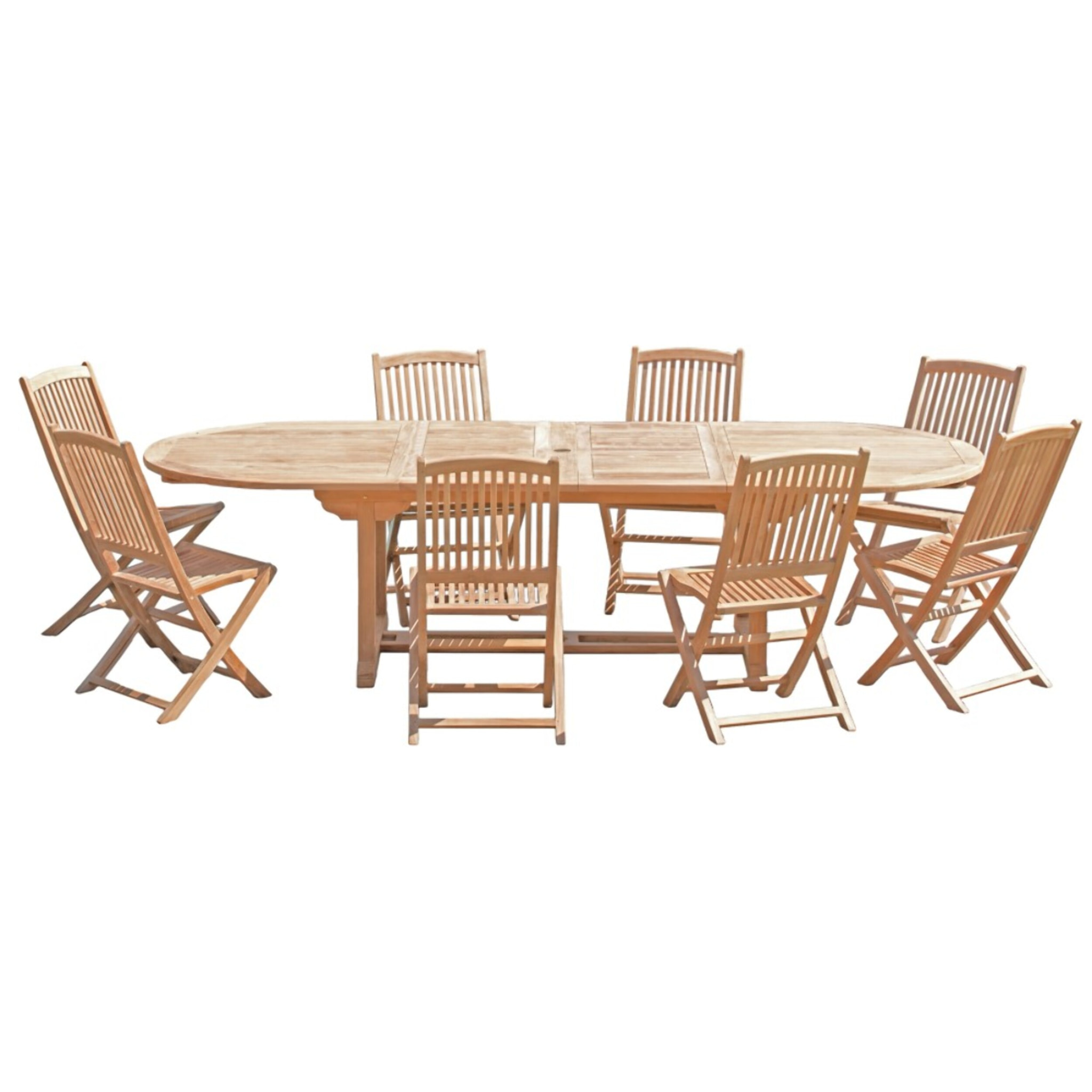 FUN - SALON DE JARDIN EN BOIS TECK 10/12 pers : Ensemble de jardin - 1 Table ovale extensible 200*300/120cm et 8 chaises