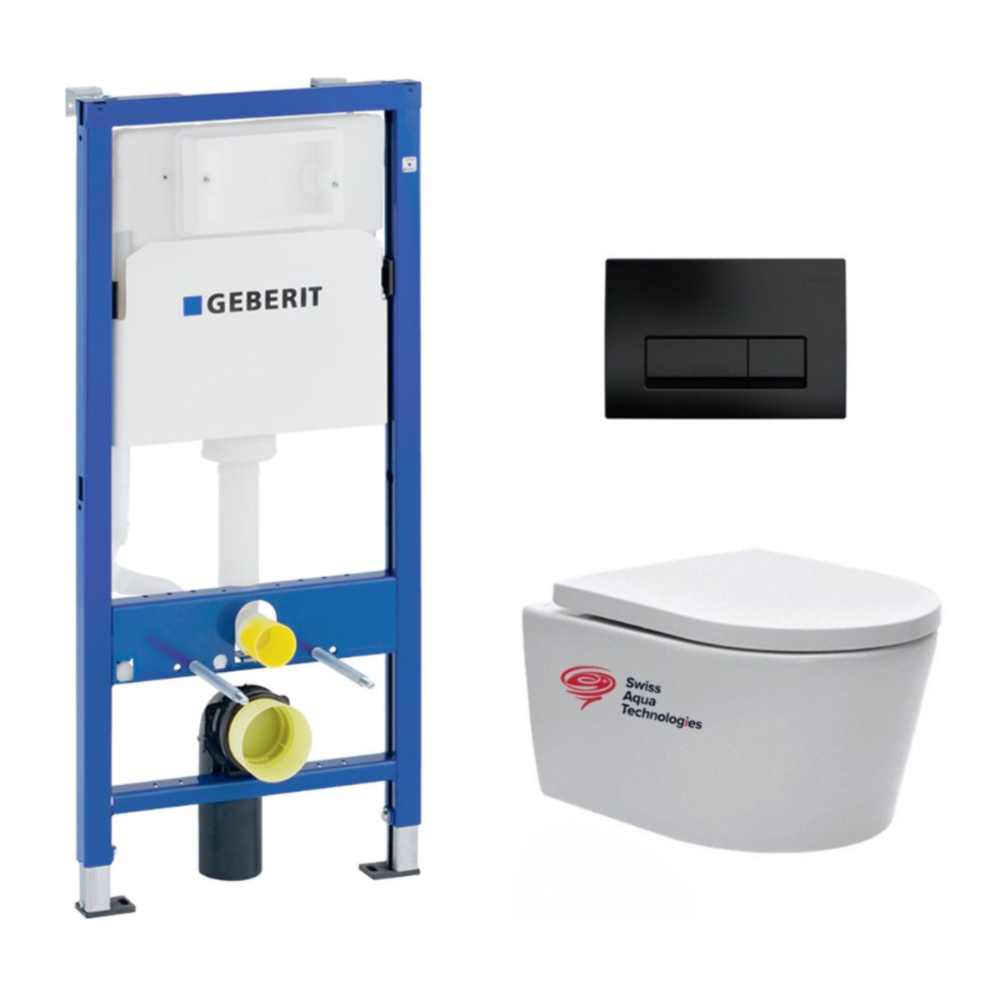 Pack WC Bâti-support Geberit + cuvette Swiss Aqua Technologies suspendue sans bride + plaque noir mat (SATRIMLESSGEB10-SP)