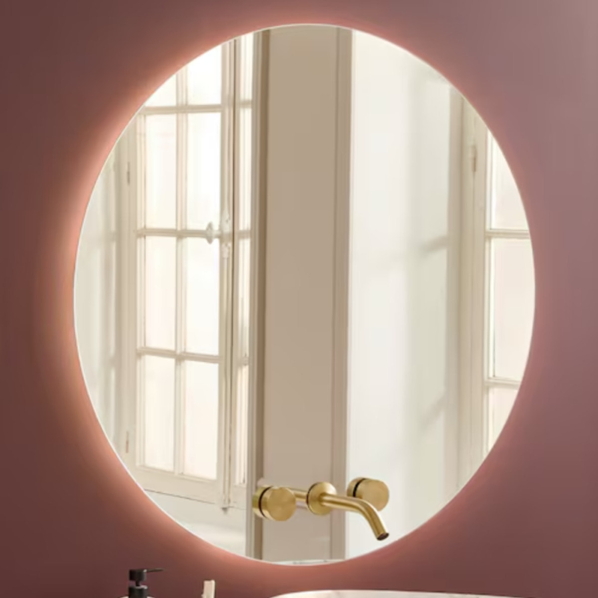 Miroir LED rond 3 trous + mitigeur lavabo encastré 3 trous Grands Boulevards laiton brossé