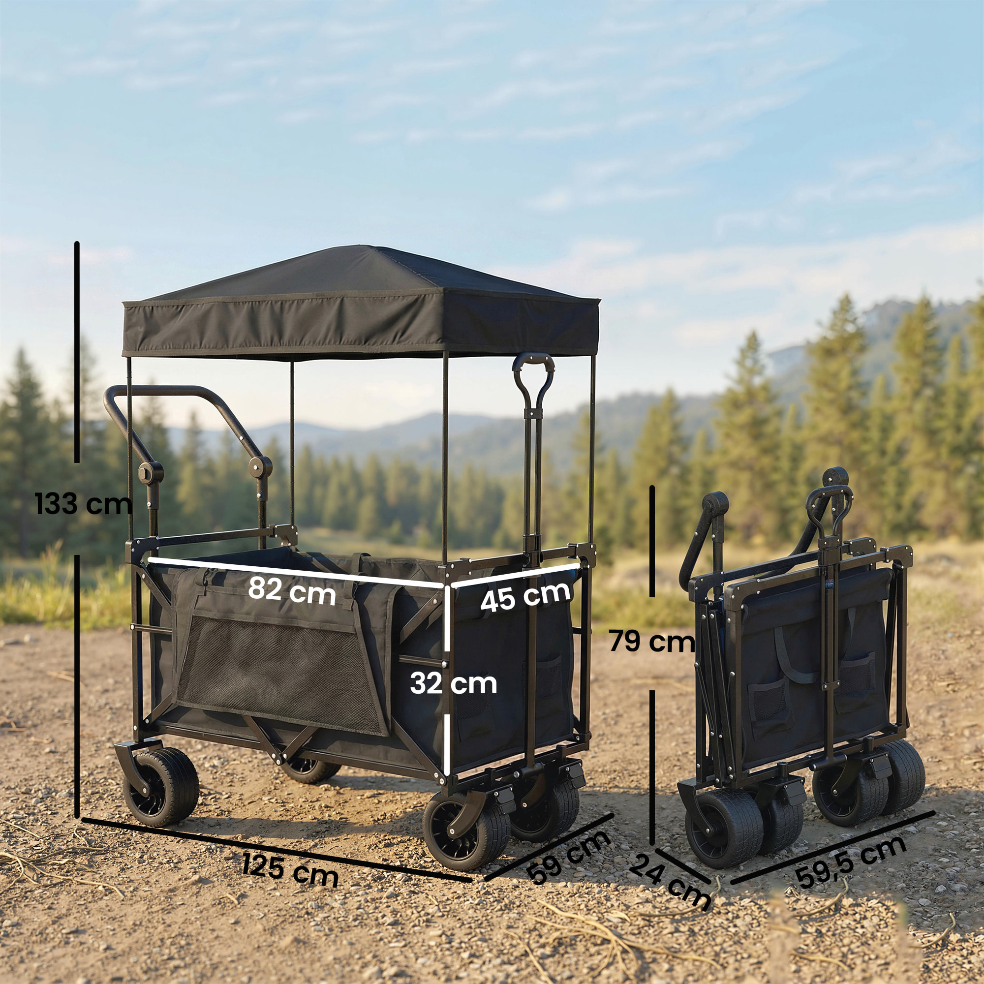 Carro Playa con Ruedas Grandes con Freno, Techo Extraíble, Carro Plegable para Jardín con Barra Ajustable, Portavasos y Bolsillos, Carga 100 kg, para Todo Terreno, Campaña, Compras, Negro