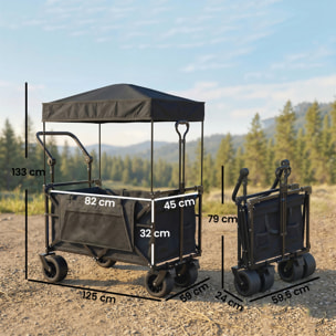 Carro Playa con Ruedas Grandes con Freno, Techo Extraíble, Carro Plegable para Jardín con Barra Ajustable, Portavasos y Bolsillos, Carga 100 kg, para Todo Terreno, Campaña, Compras, Negro