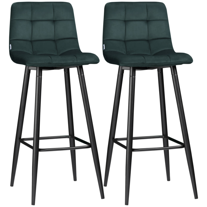 Juego de 2 Taburetes Altos de Cocina, Taburetes de Bar Tapizados en Terciopelo, con Reposapiés y Respaldo, Estructura de Acero, para Comedor, Mostrador, Verde