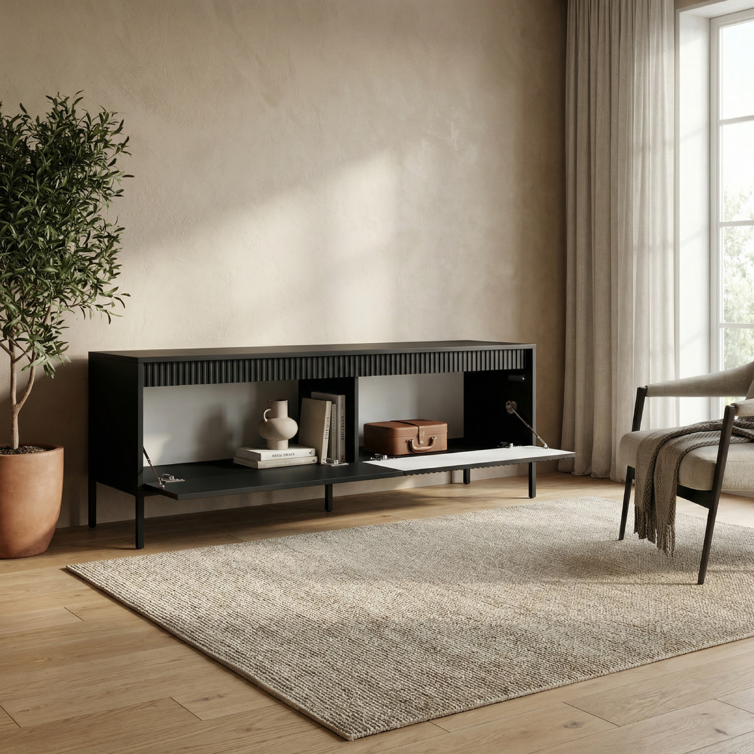 Mobile TV Moderno Con 2 Ante Push To Open Design Scanalato Elegante Minimal Base In Metallo Per Soggiorno Salotto 187.1 x 53.4 x 39.5 Cm Nero