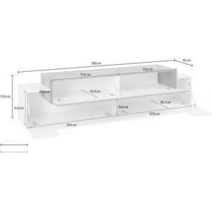 Mobile da soggiorno Porta TV, Made in Italy, Supporto per TV da salotto a 3 ante e ripiani, cm 200x45h52, colore Bianco lucido e Grigio Cenere