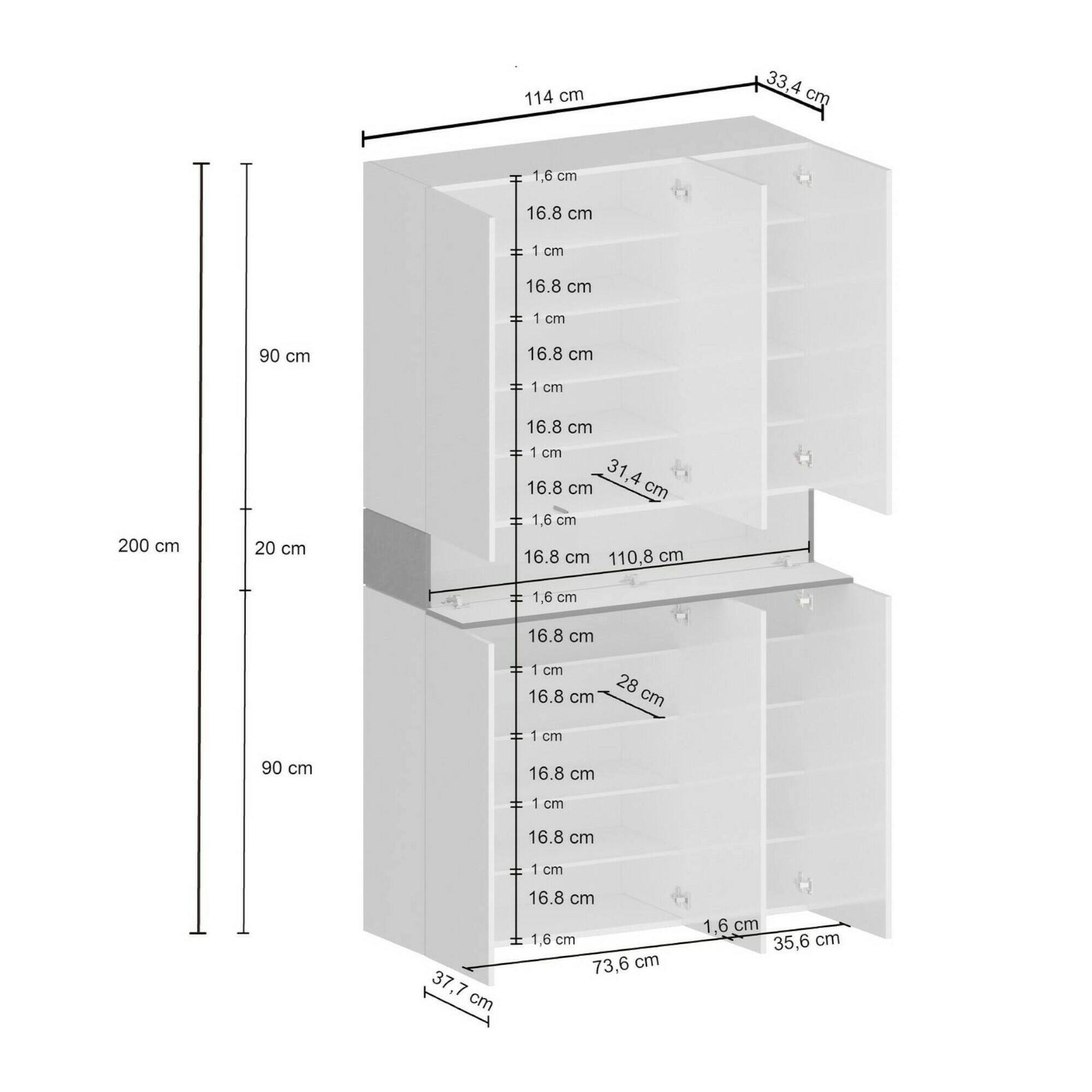 Scarpiera Dcancellier, Porta scarpe salvaspazio a 7 ante, Armadio multifunzione da ingresso, 114x38h200 cm, Bianco e Rovere