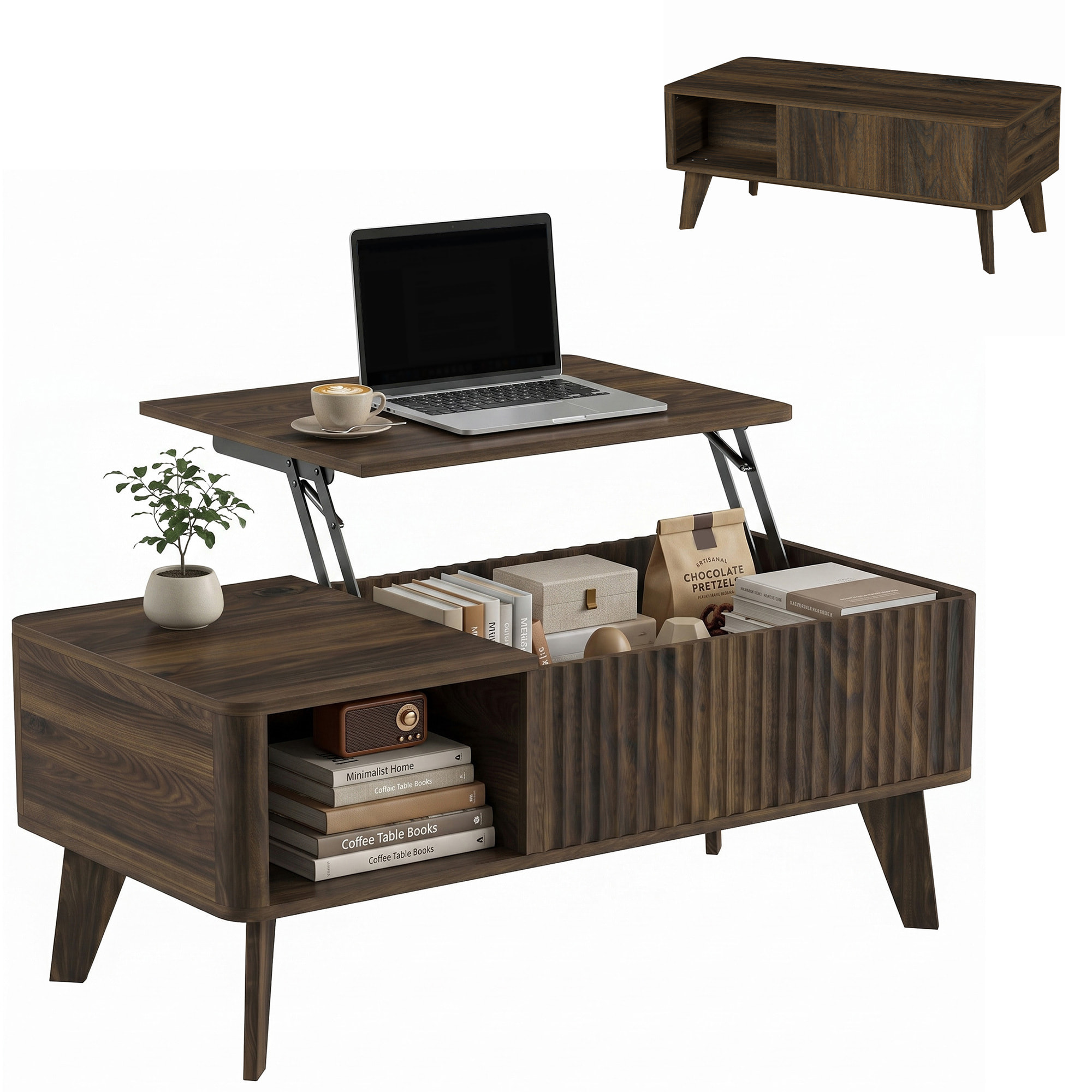 HOMCOM Mesa de Centro Elevable con Almacenaje, Mesa de Café para Salón con Compartimento Oculto, Estantes Abiertos, Frontal Ondulado y Esquinas Curvas, para Comedor, 100x48x41-56 cm, Nogal