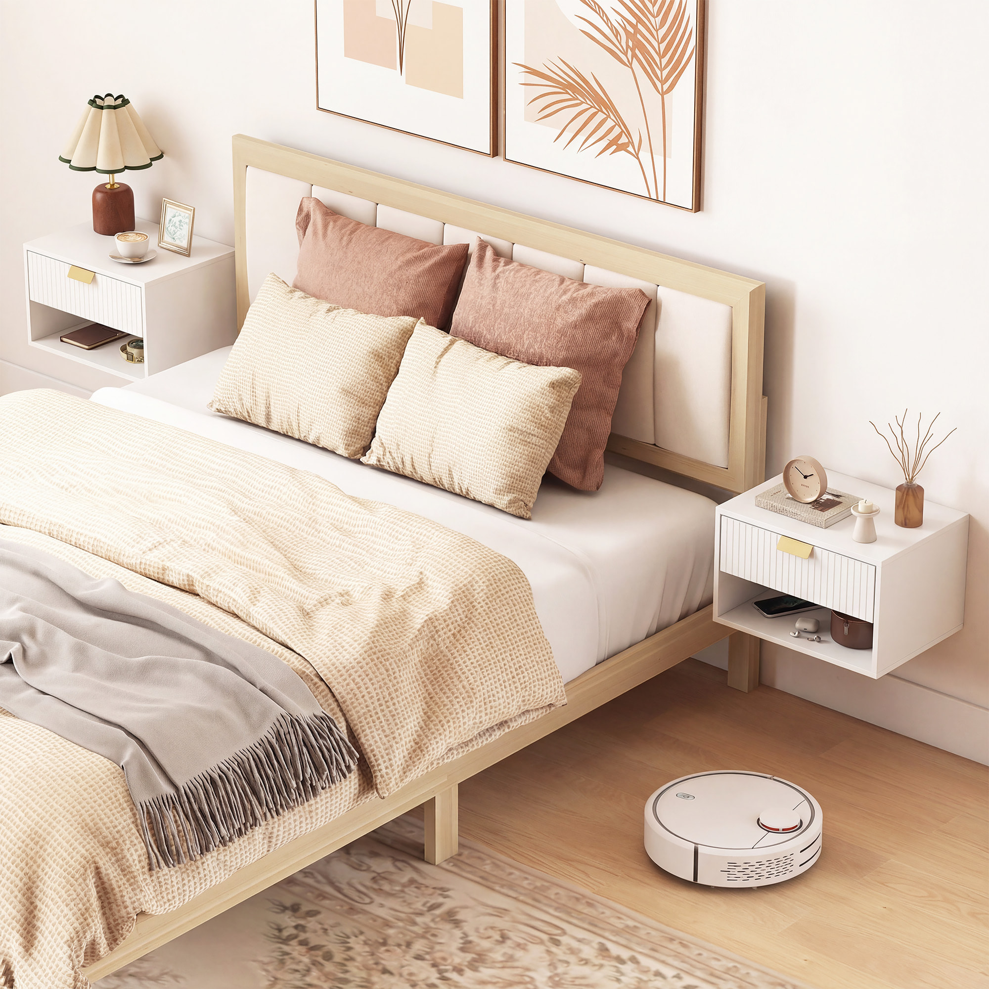 Juego de 2 Mesitas de Noche Flotantes, Mesillas de Noche con Cajón con Frente Ondulado y Estante Abierto, Diseño Moderno, 40x30x25 cm, Blanco