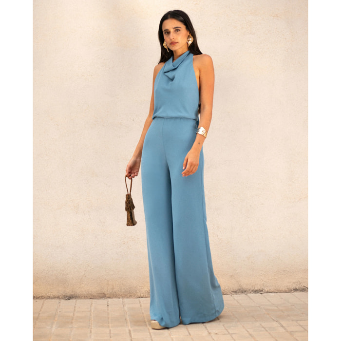 Mono largo de gasa con cuello halter drapeado de mujer