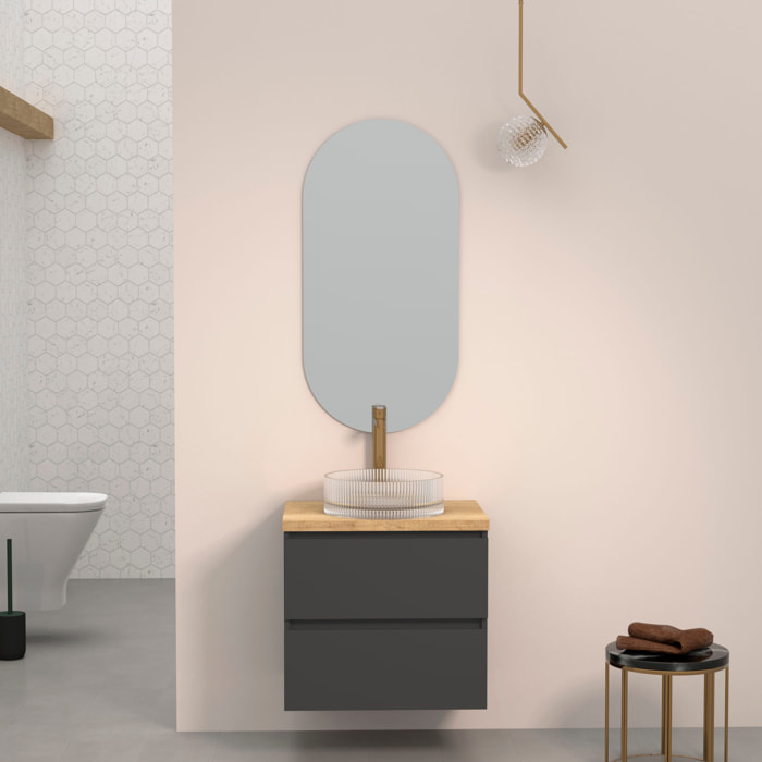 Conjunto de Baño Kub | 60 cm Negro | Dos Cajones | Lavabo de Cristal | No incluye Espejo | Mueble Montado | Alday