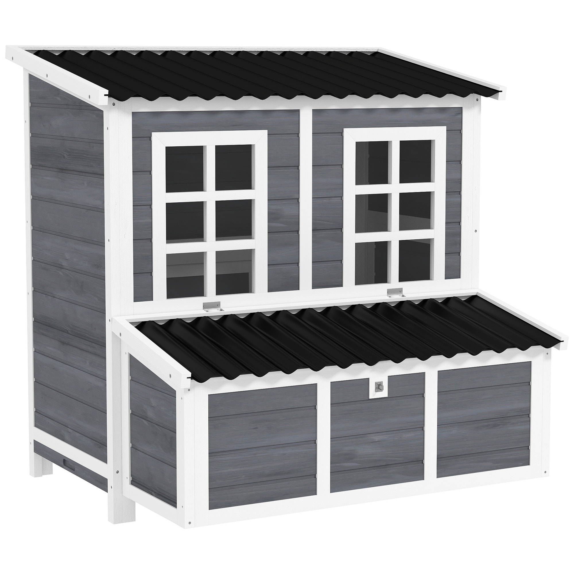 Poulailler cottage en bois 3 pondoirs toit ouvrant porte 2 fenêtres plateau déjection 100x86x100cm gris blanc noir