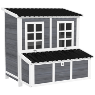 Poulailler cottage en bois 3 pondoirs toit ouvrant porte 2 fenêtres plateau déjection 100x86x100cm gris blanc noir