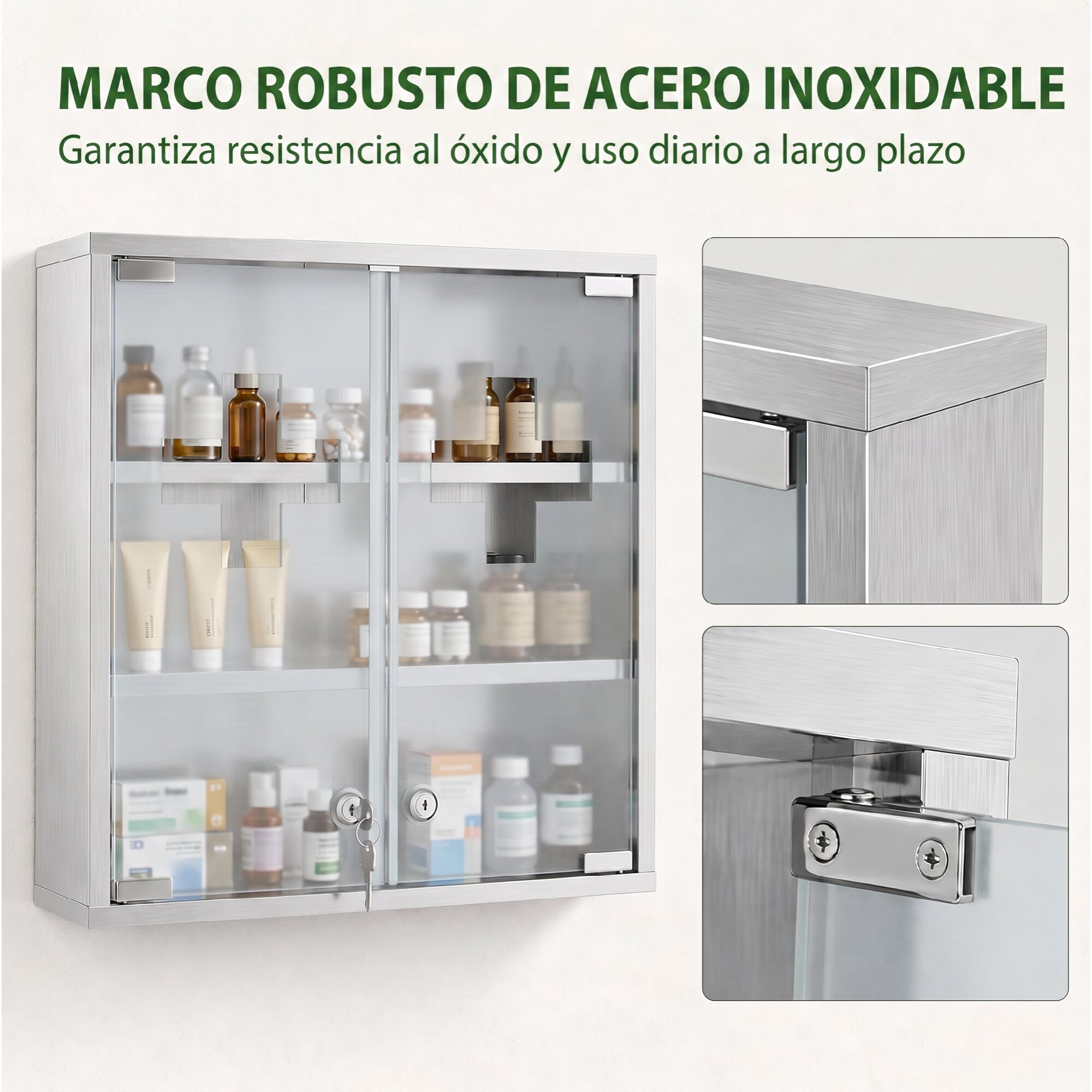 Botiquín de Pared de Primeros Auxilios, Botiquín de Medicinas de 3 Niveles con 2 Puertas de Cristal, Estantes, Cerradura y 2 Llaves, para Baño, Cocina, 46x12x48 cm, Plateado