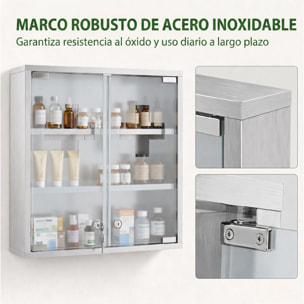 Botiquín de Pared de Primeros Auxilios, Botiquín de Medicinas de 3 Niveles con 2 Puertas de Cristal, Estantes, Cerradura y 2 Llaves, para Baño, Cocina, 46x12x48 cm, Plateado