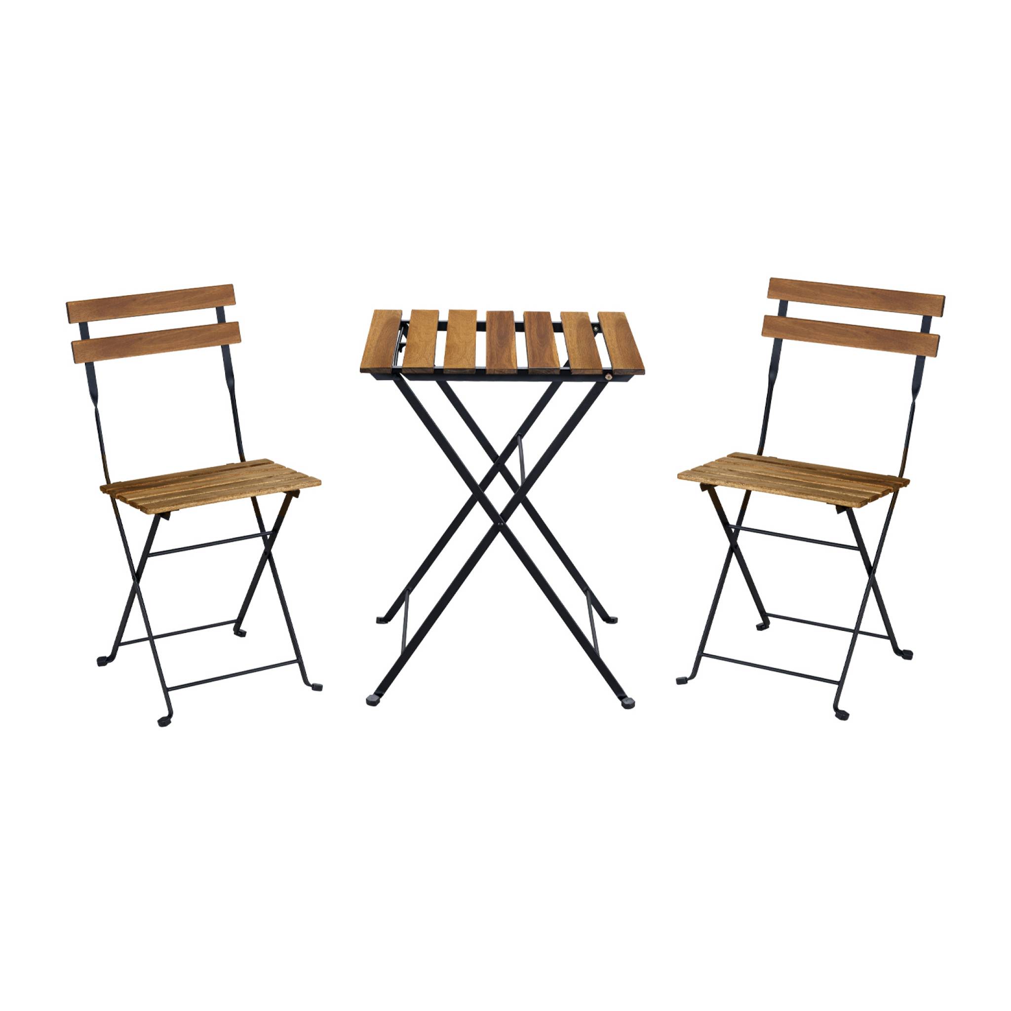 Table de bistrot pliante bois d'acacia et métal + 2 assises 55 x 54 cm
