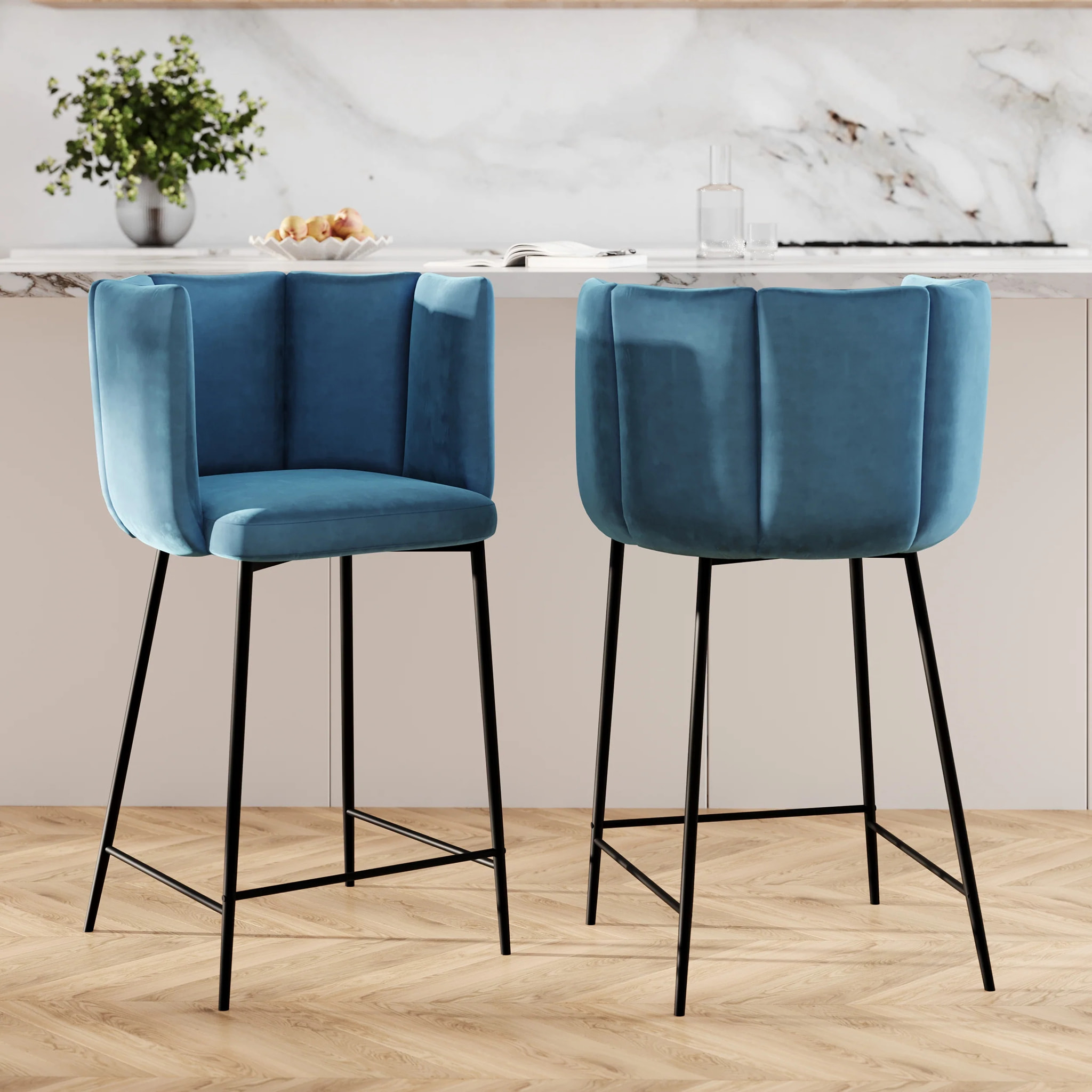 Lot de 2 chaises pour îlot central 67 cm en velours bleu - Rosy