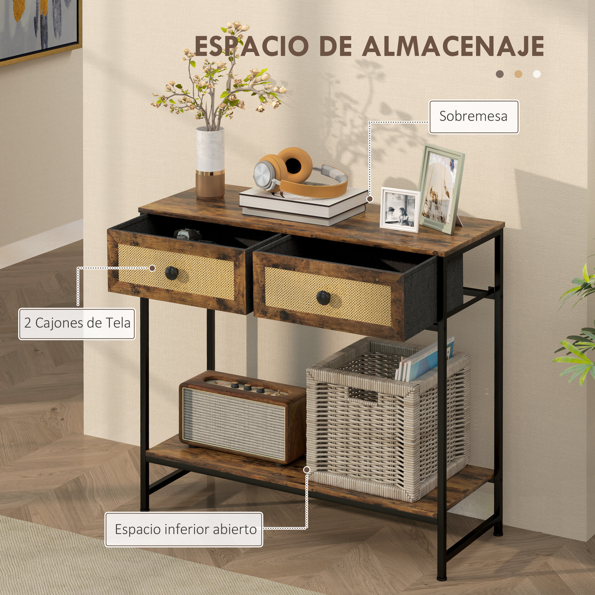 Mesa Consola Mueble para Recibidor con Estante Abierto y 2 Cajones Frontales de Ratán Consola para Recibidor Entrada Pasillo 80x30x75 cm Marrón Rústico