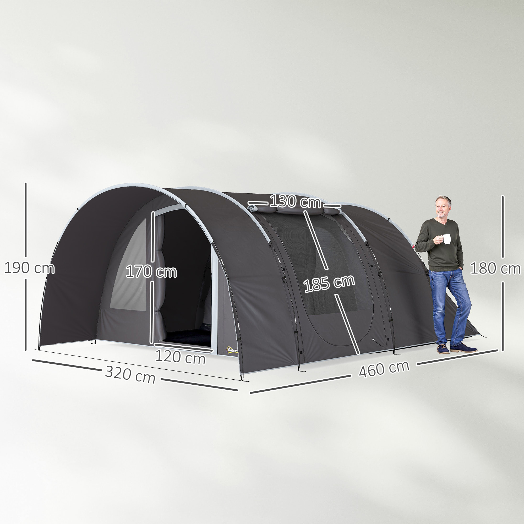 Tente camping 6 places - tente tunnel familiale - imperméabilité 5000mm - dim. 4,6 x 3,2 x 1,9 m - sac inclus - gris