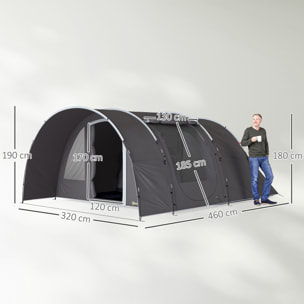 Tente camping 6 places - tente tunnel familiale - imperméabilité 5000mm - dim. 4,6 x 3,2 x 1,9 m - sac inclus - gris