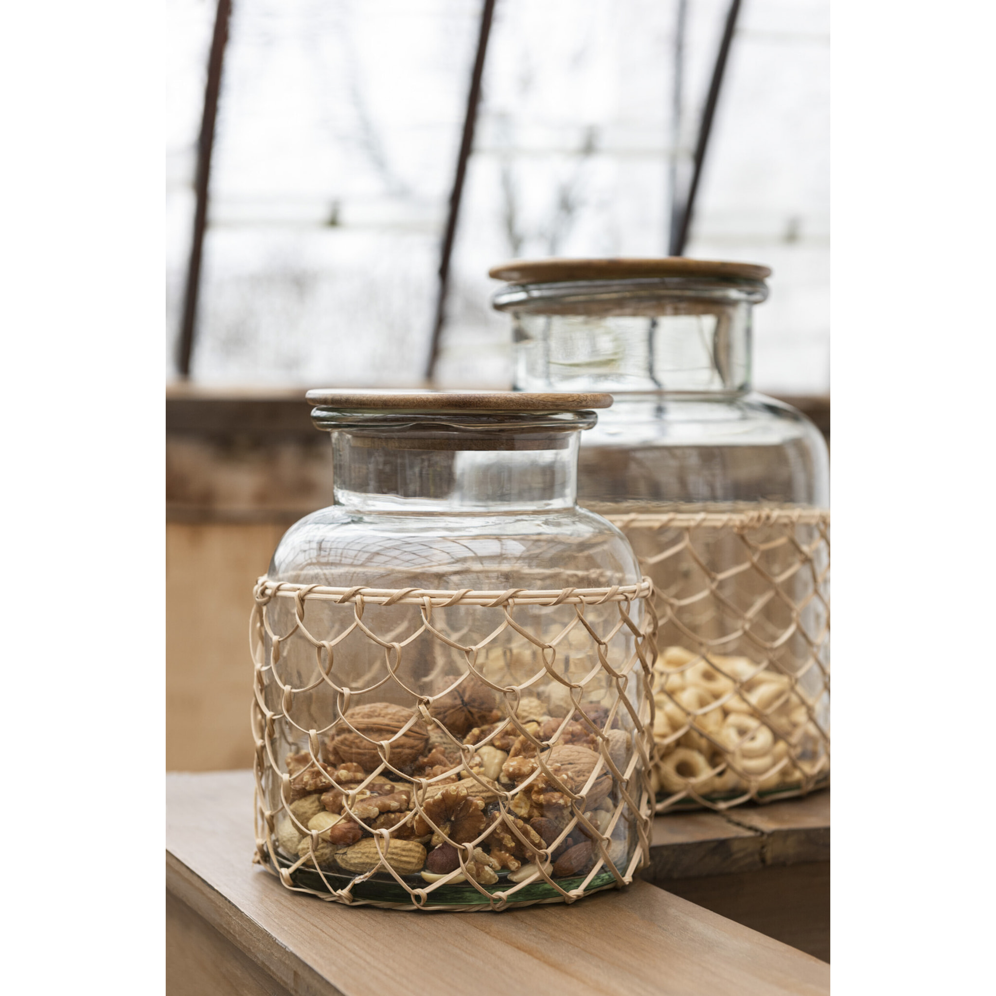 J-Line Pot Couvercle Tricot Verre/Bois/Jute Transparent Large