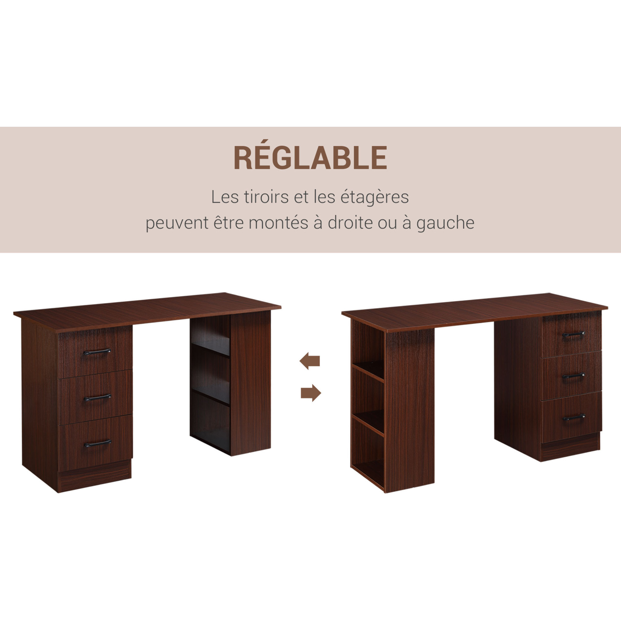 Bureau informatique 3 tiroirs coulissants 3 étagères grand plateau 120 x 49 x 72 cm effet bois noyer