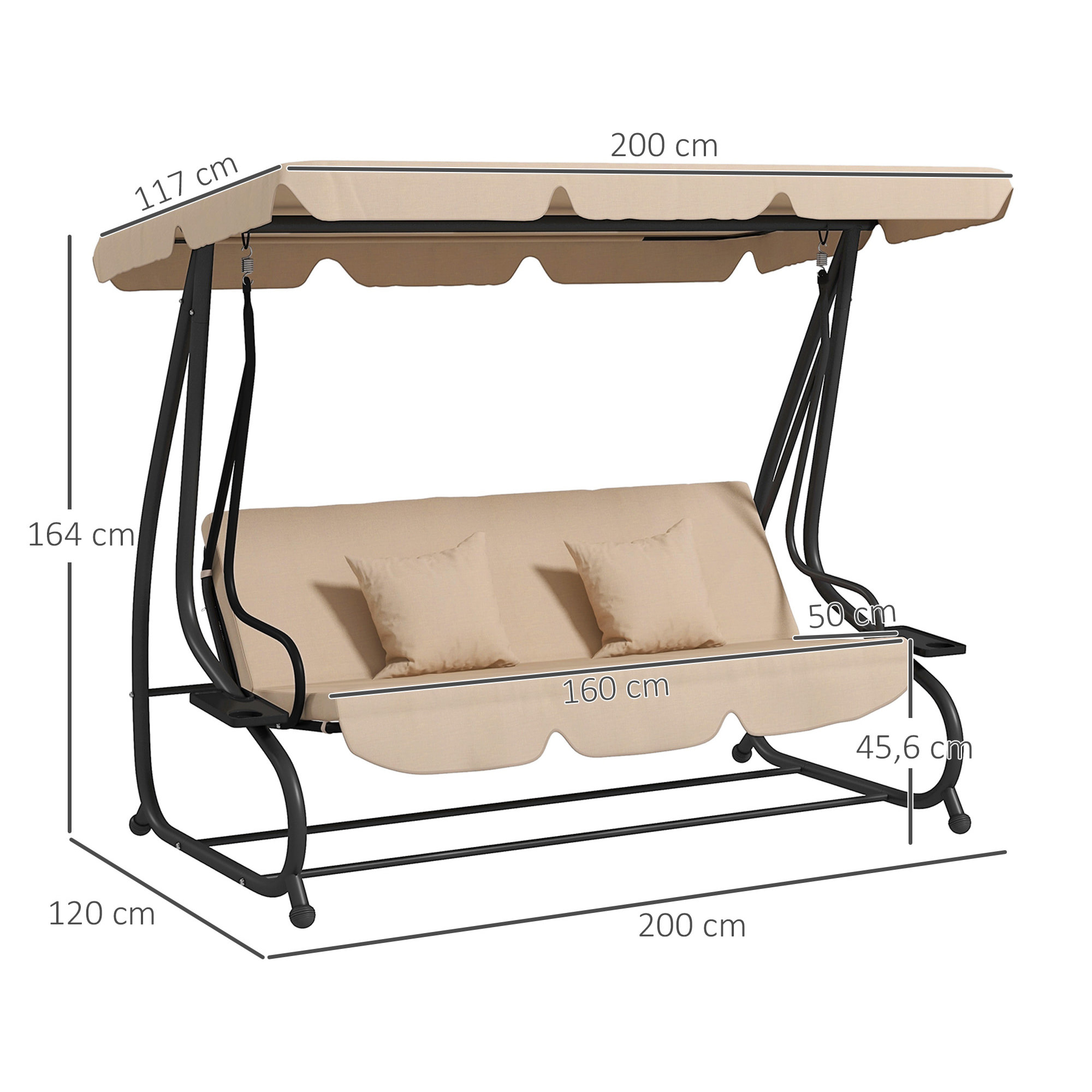 Columpio de Jardín Exterior de 3 Plazas 2 en 1 Cama Balancín de Jardín Exterior con Toldo Ajustable Bandejas Laterales y Almohadas para Balcón Terraza Patio Carga 340 kg 200x120x164 cm Arena