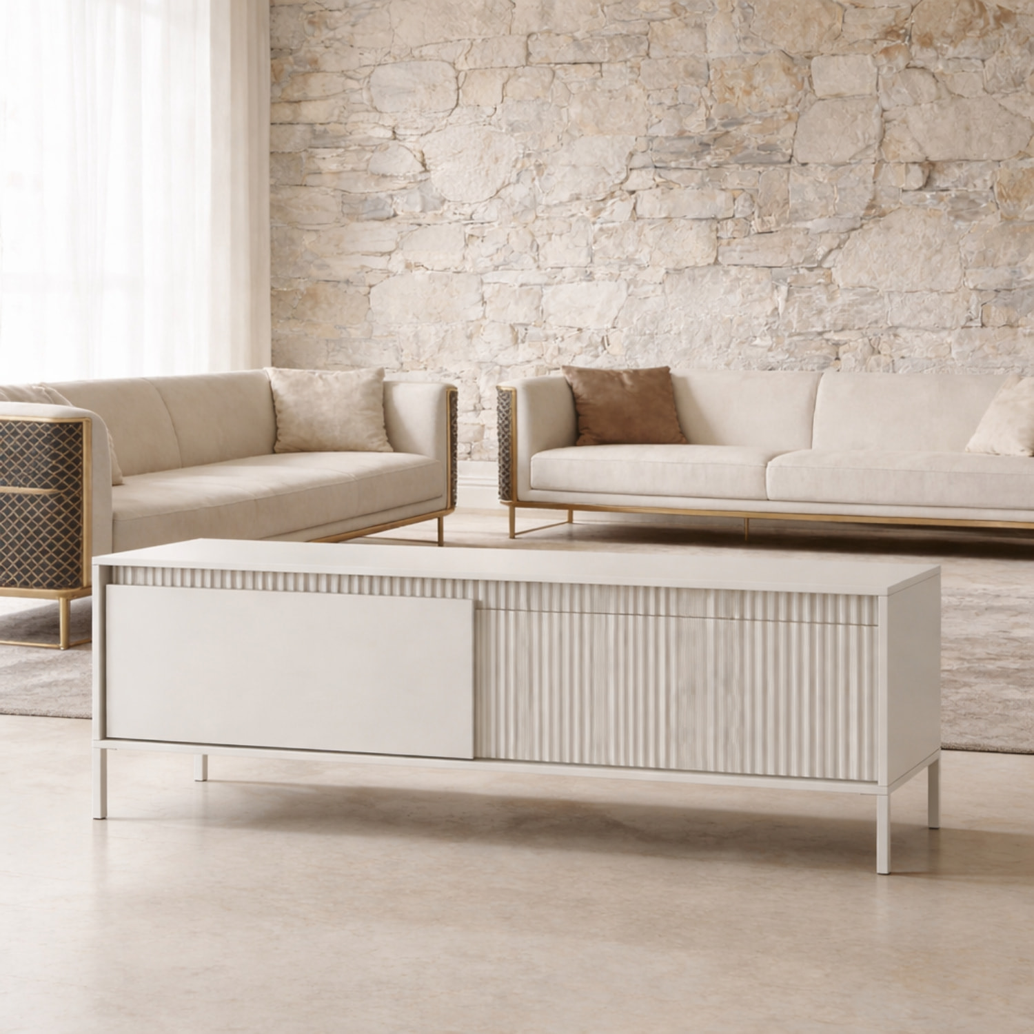 Mobile TV Moderno Con 2 Ante Push To Open Design Scanalato Elegante Minimal Base In Metallo Per Soggiorno Salotto 187.1 x 53.4 x 39.5 Cm Cashmere