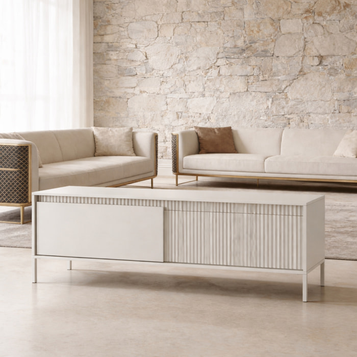 Mobile TV Moderno Con 2 Ante Push To Open Design Scanalato Elegante Minimal Base In Metallo Per Soggiorno Salotto 187.1 x 53.4 x 39.5 Cm Cashmere