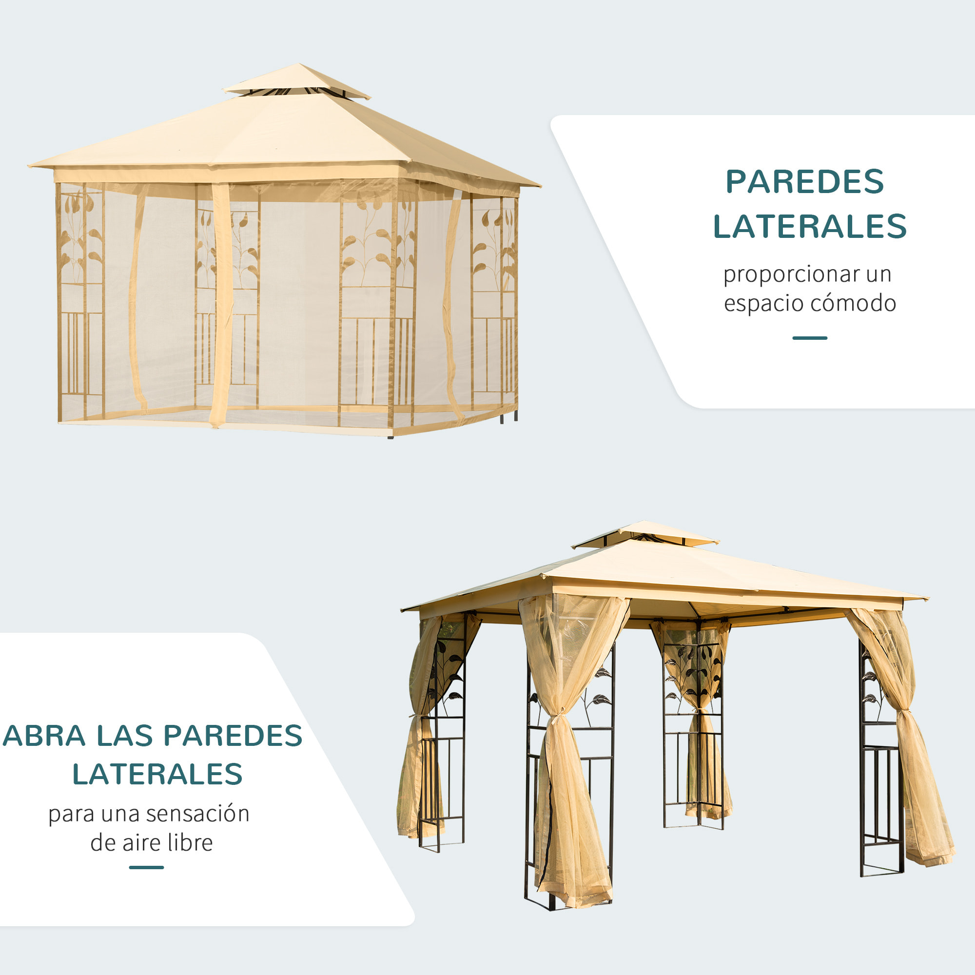 Cenador de Jardín 3x3x2,72 m Gazebo Carpas para Exterior Grandes con Doble Techo Mosquiteras y Marco de Acero para Patio Fiesta Beige