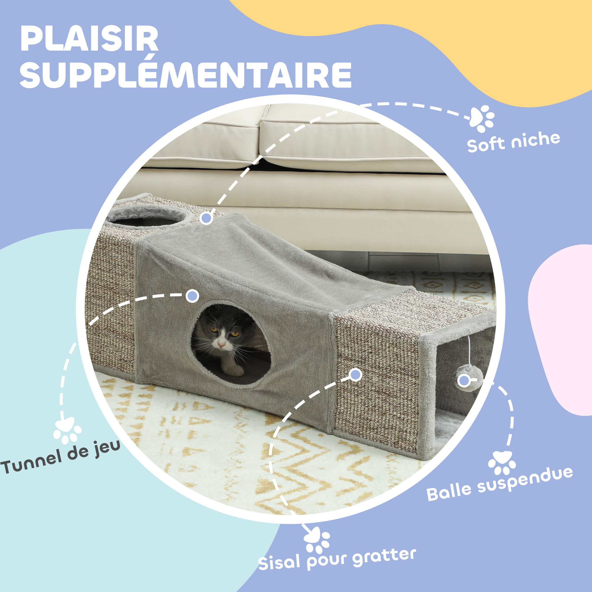 Tunnel grattoir niche modulable pour chat 3 en 1 - jeu balle suspendue - 4 entrées - peluche sisal gris