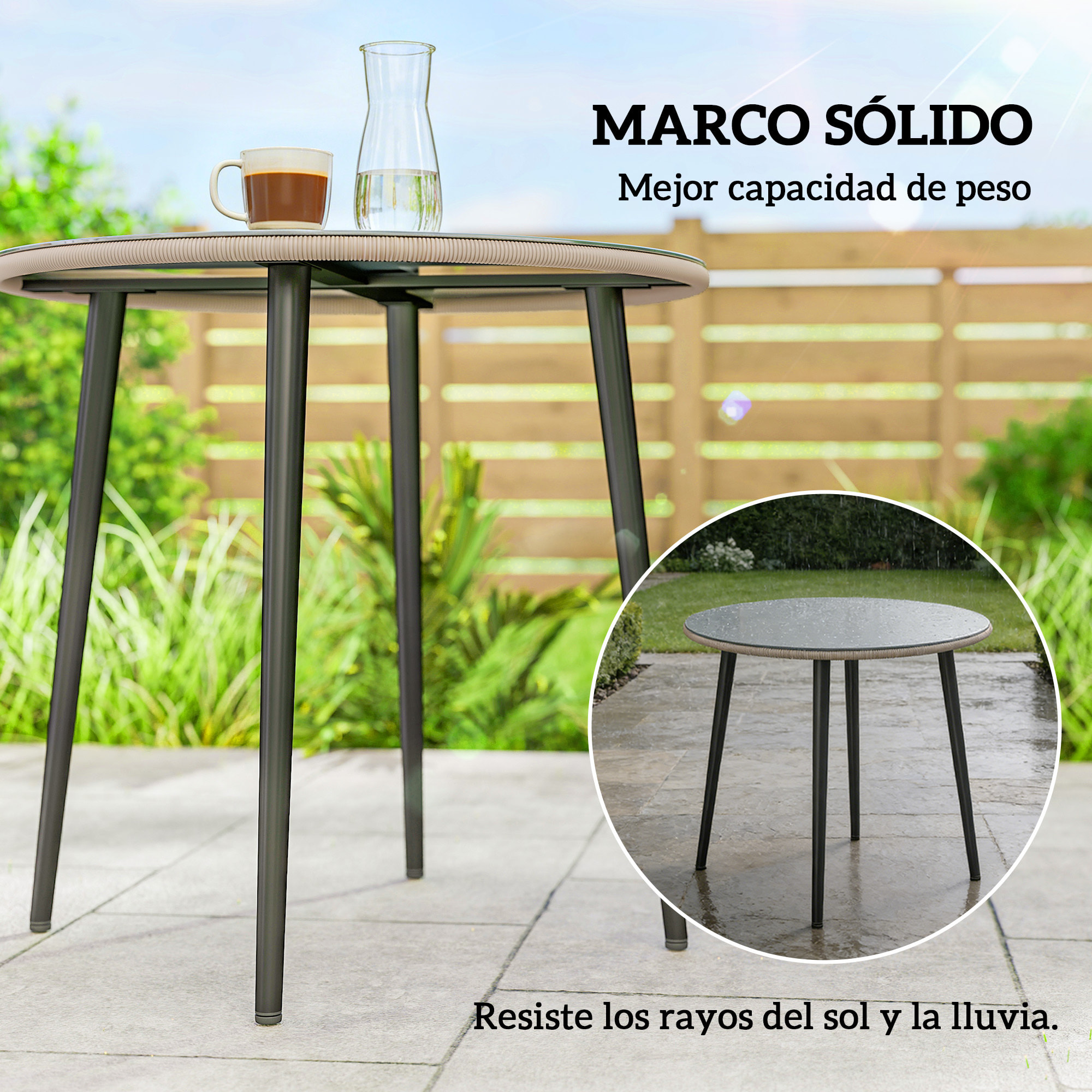 Mesa de Comedor de Jardín Redonda, Mesa de Terraza Exterior 80x80x74 cm, con Tablero de Vidrio Templado con Borde de Ratán, Estructura de Acero, Carga 50 kg, para Patio, Balcón, Gris
