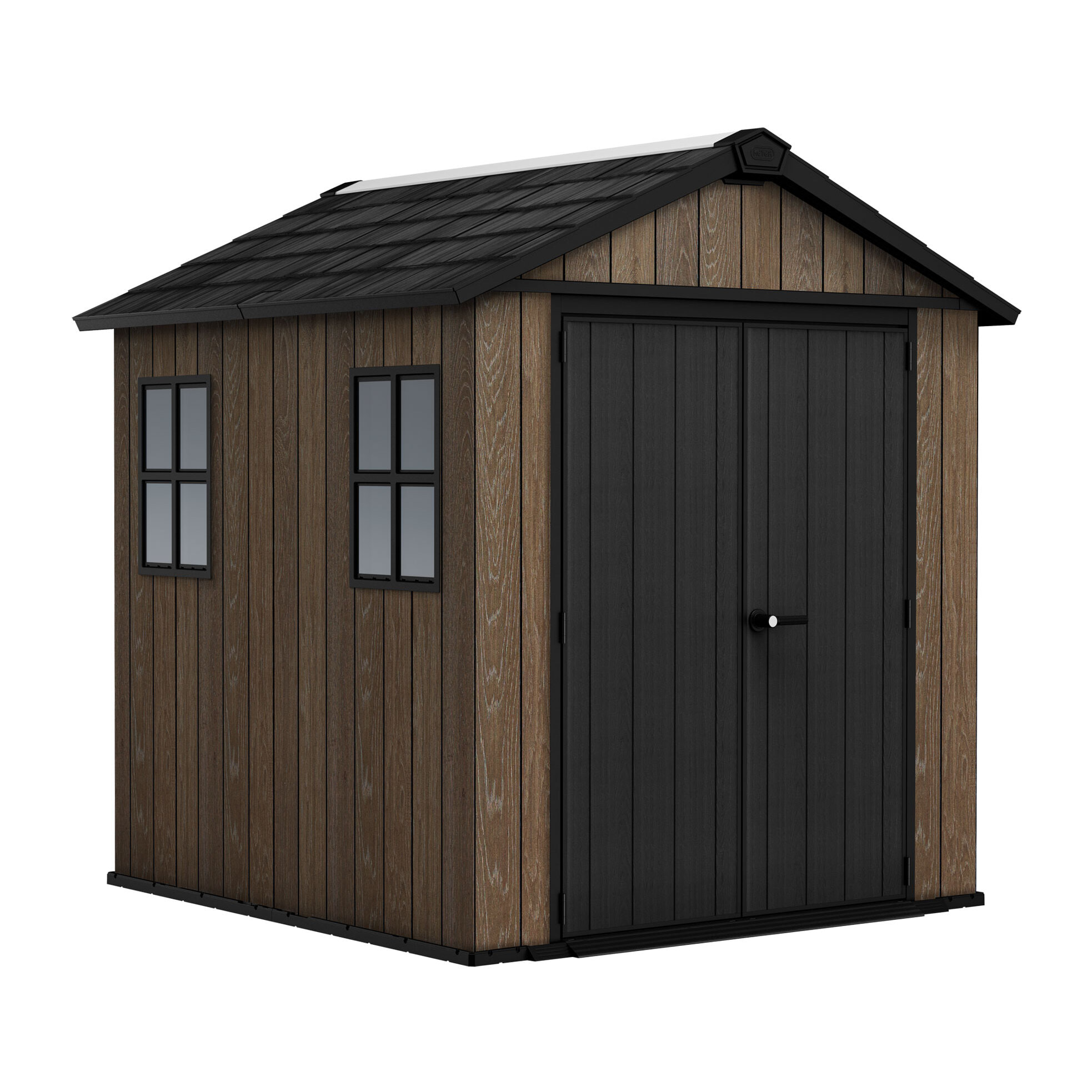 Apex 757/775 - Casetta da Giardino 223,8x246x230 cm 2 Ante per deposito attrezzi finitura effetto legno Evotech+ in Resina Marrone e Nero