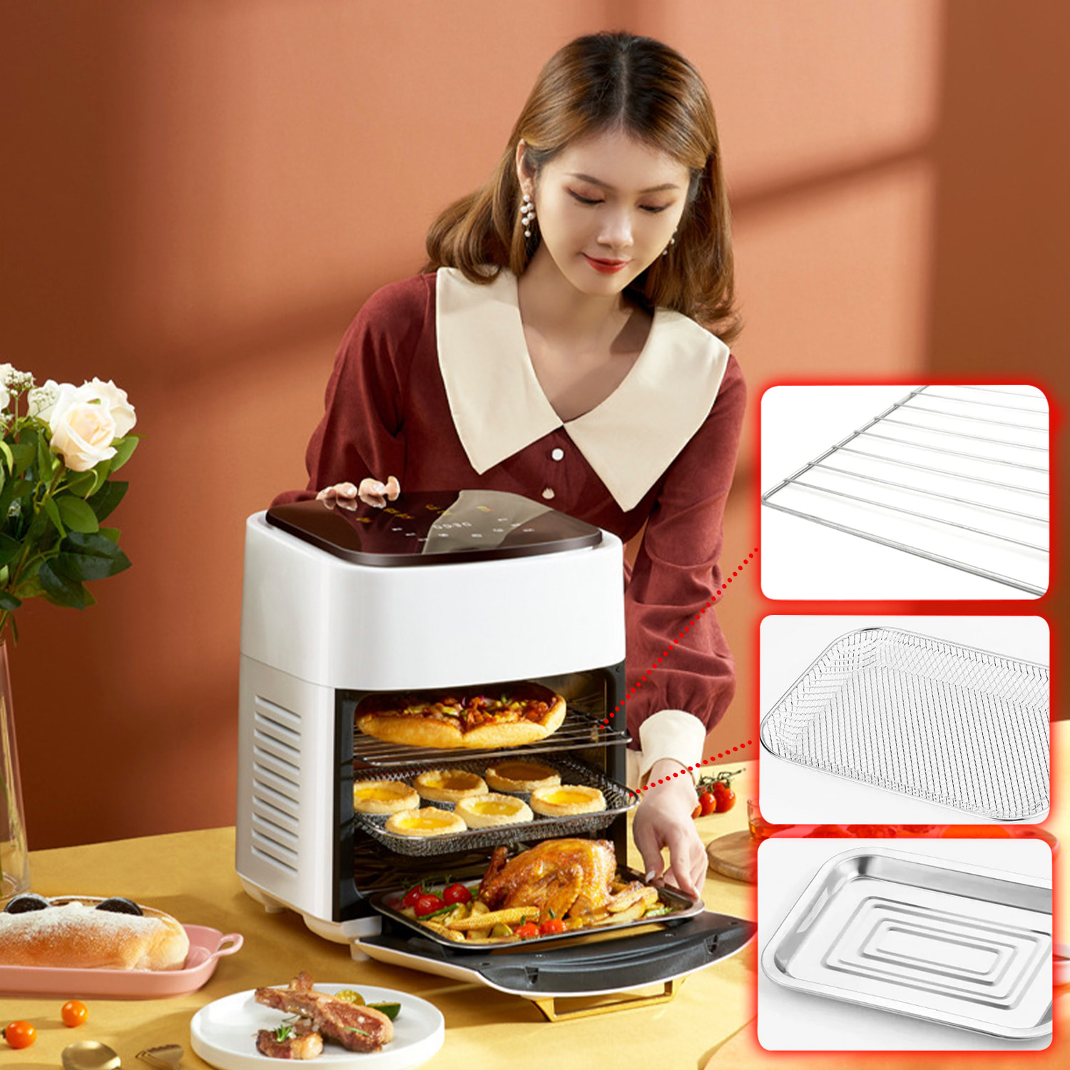 Friggitrice ad aria 2 in 1 con forno. 15L, 1800W. Pannello touch, riscaldamento 3D, griglia in acciaio inossidabile antiaderente. PRODOTTO CON IMBALLAGGIO DANNI.