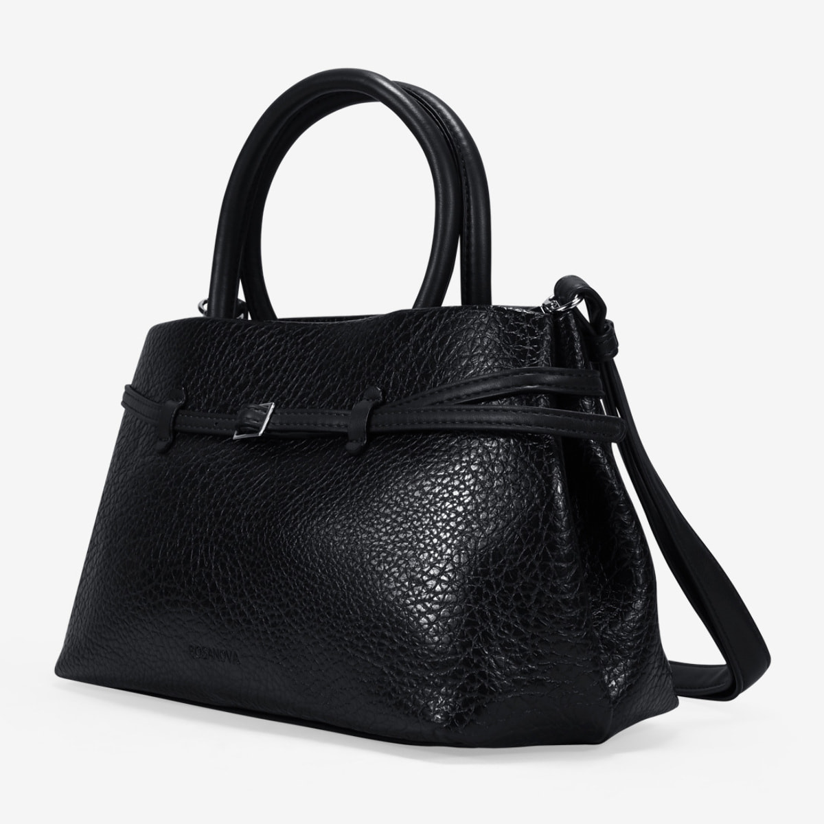 Bolso de mano negro con cinturón y hebilla