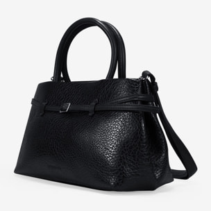 Bolso de mano negro con cinturón y hebilla