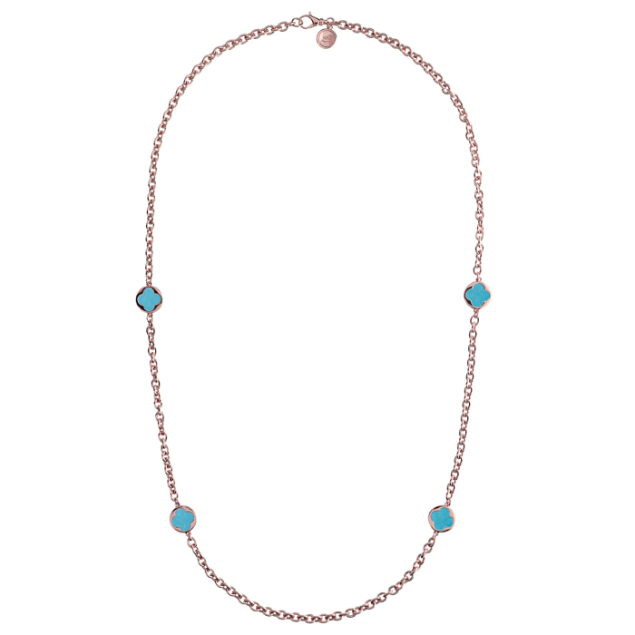 Collana Catena Rolo con Station Quadrifoglio in Pietra Naturale Magnesite Azzurra