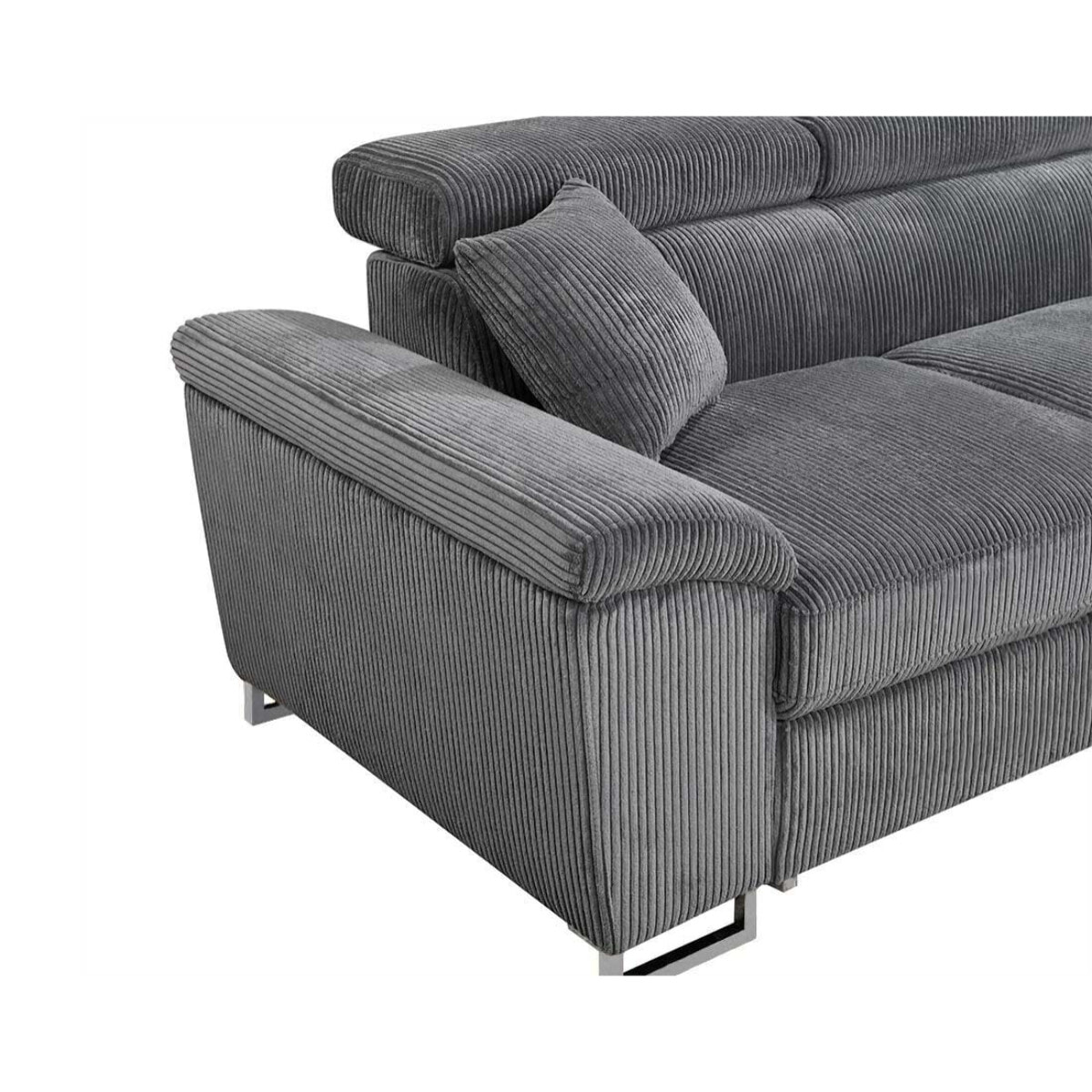 Baoji - Canapé d'angle droit 5 places convertible avec têtières et coffre en velours côtelé - Gris
