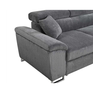 Baoji - Canapé d'angle droit 5 places convertible avec têtières et coffre en velours côtelé - Gris