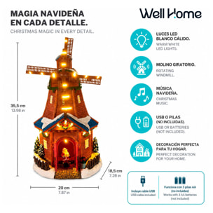 Molino de viento navideño con luces led blanco cálido, movimiento y música, usb o pilas 20x18,5x35,5 cm
