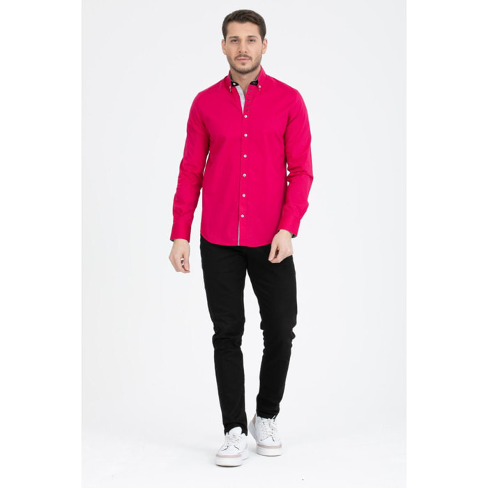 Camicia Uomo 1 Bottoni Button Down Slim Popeline Stretch Unito Fucsia