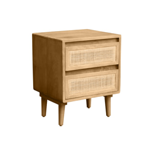 Table de chevet en bois manguier massif et cannage rotin avec rangements 2 tiroirs ACANGE