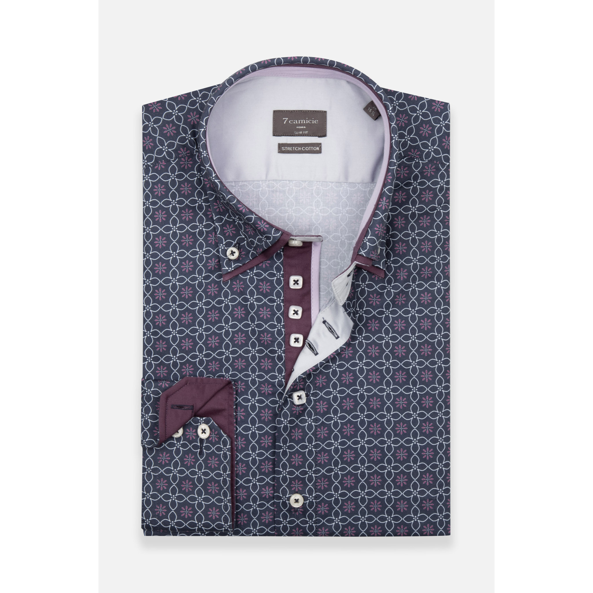 Camicia Uomo 2 Bottoni Button Down 7bottoni Doppio Coll Popeline Stretch Stampato Blu\Bianco