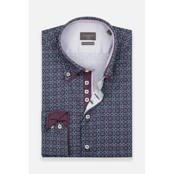 Camicia Uomo 2 Bottoni Button Down 7bottoni Doppio Coll Popeline Stretch Stampato Blu\Bianco