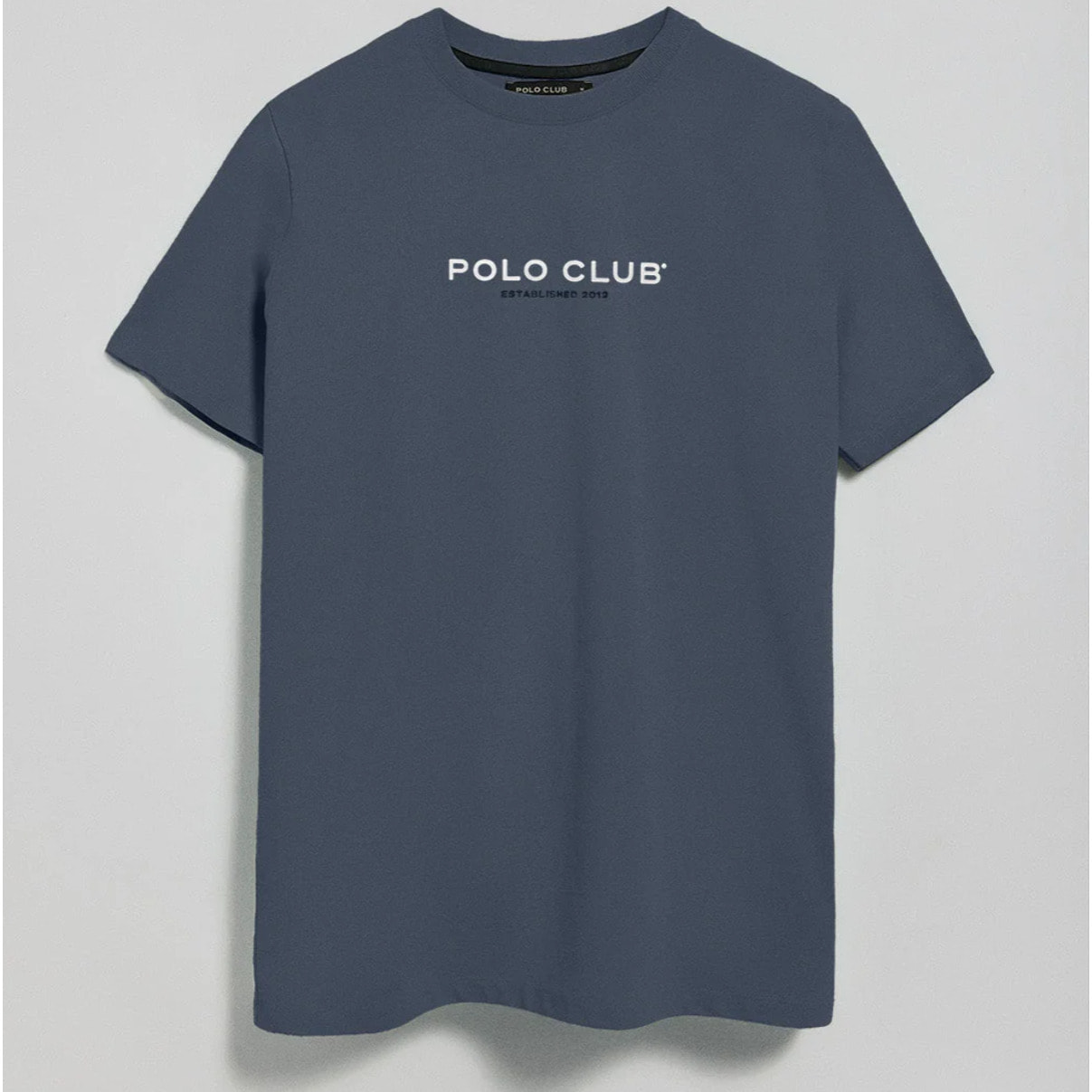 Maglietta blu denim con scollo rotondo e logo gommato