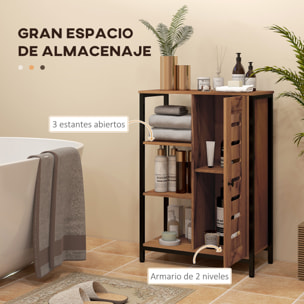 Armario de Baño Estrecho, Columna de Baño con Puerta de Lamas y 3 Compartimentos Abiertos, Estante Ajustable, para Salón, Dormitorio, Entrada, 60x30x85 cm, Marrón Rústico
