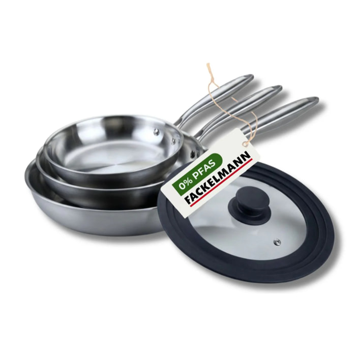 3 poêles 24 26 cm et 28 cm inox 18/10 Triply et couvercle Fackelmann Vita3